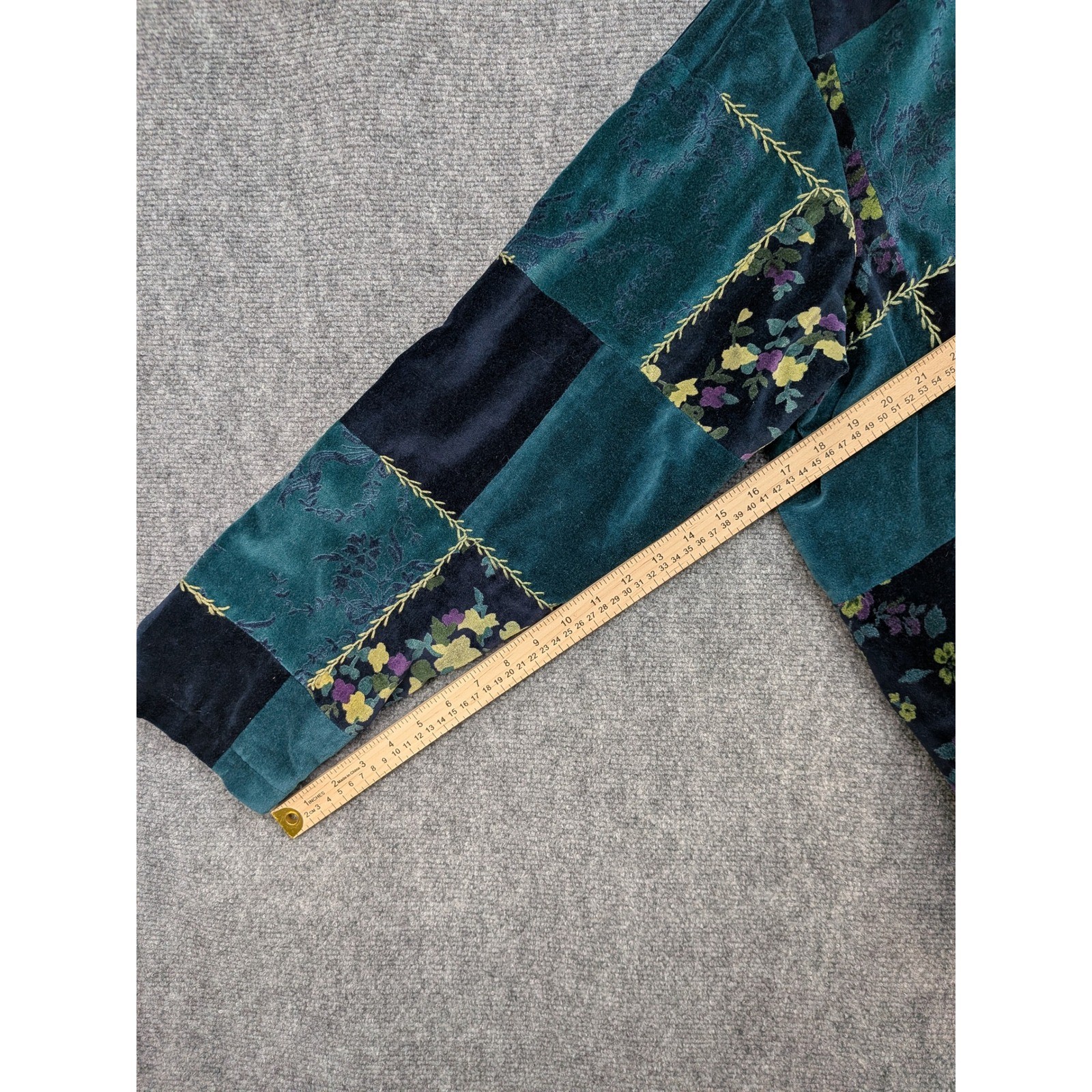Velvet Patchwork Floral Button Up Jacket Teal 3X … - image 4