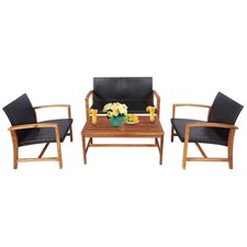4PCS Outdoor Patio Rattan Furniture Set Acacia Wood Frame Sofa Loveseat Garden