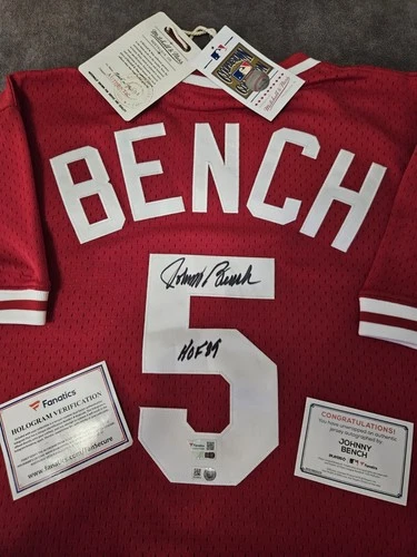 Johnny Bench Autographed Reds Mitchell Ness Jersey w/HOF 89 Fanatics & MLB COA