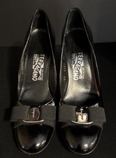 Salvatore Ferragamo Vera Black Leather With Silver Bow Heels Size 7 AA