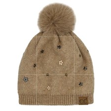 NEW C.C Exclusive Women Taupe Winter Soft Star Studs Beanie Hat w/ Fur Pom Pom