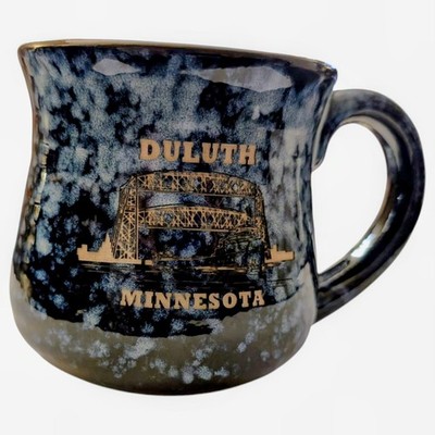 Deneen Pottery Style Hand Thrown Duluth MN Aerial Lift Bridge Blue Stoneware Mug