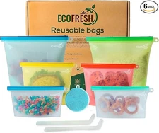 EcoFresh Silicone Food Storage Bag - (Set of 6) Reusable Kitchen Bags Airtight