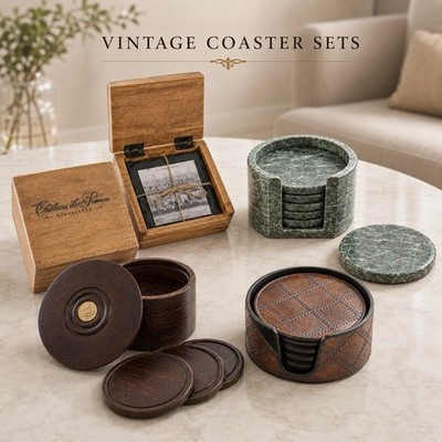 Vintage Coaster Sets Slate Marble Wood Leather w/ Holder Box   Choice