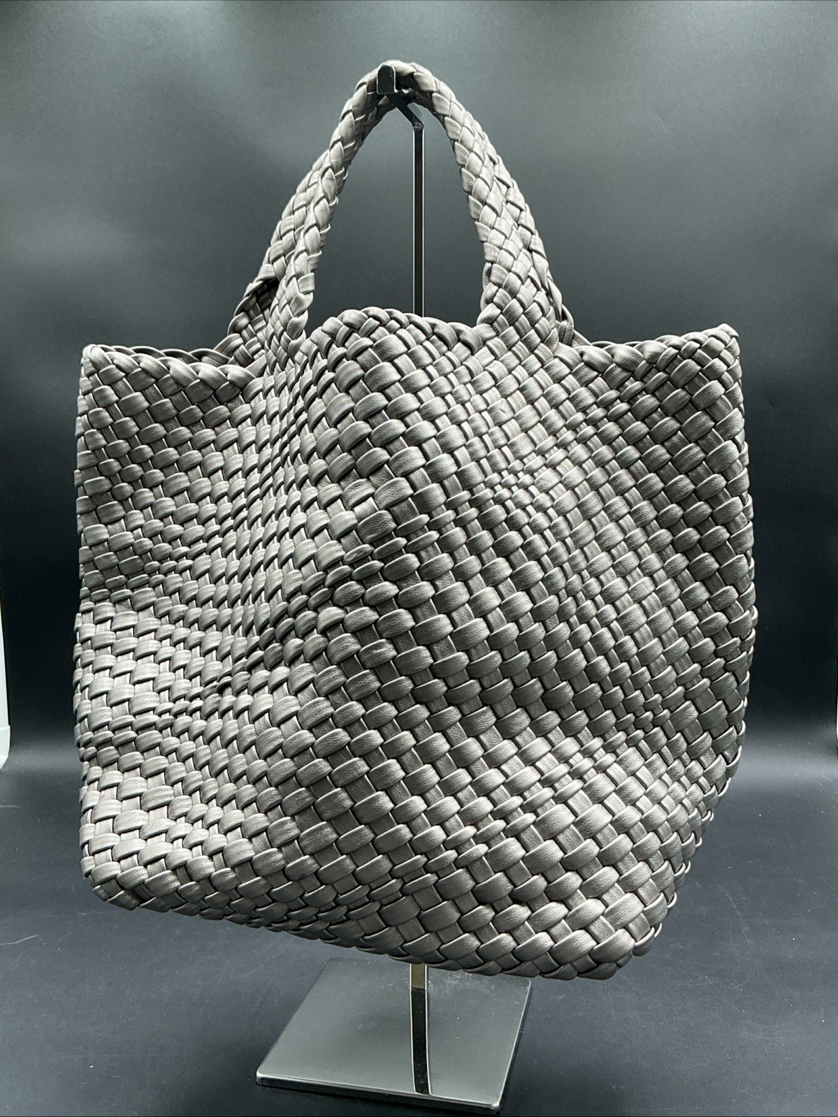 Metallic Silver Woven Leather Handheld Tote Bag
