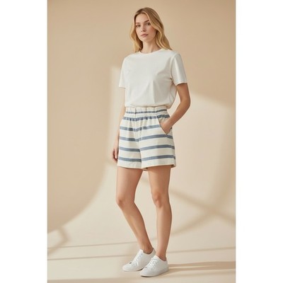 Mara Hoffman Blue Cream Striped Paperbag Waist Cotton Shorts Women Size M
