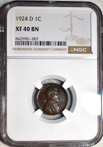 NGC XF-40 BN 1924-D Lincoln Cent, Razor-Sharp, Dark-Brown, Tough Date.