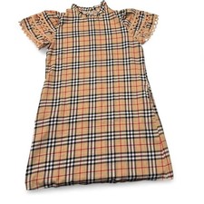 Plaid Mini Shift Dress w Lace Flutter Sleeves Tan Check Small