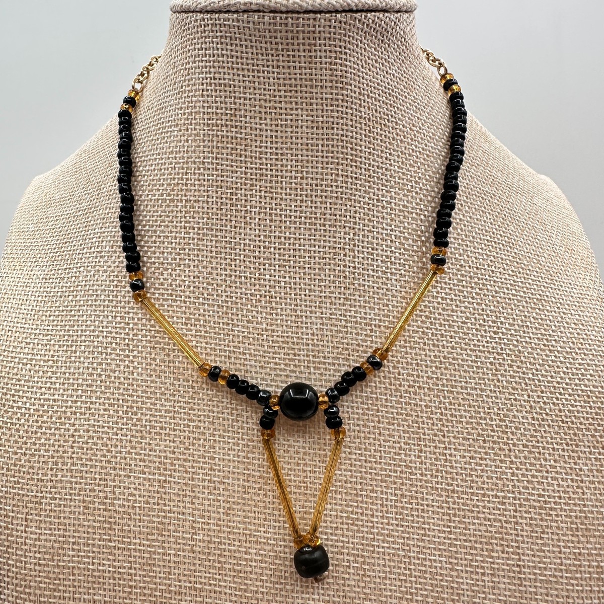 Vintage 80s Black Onyx Seed Bead Necklace Amber Bugle Glass Choker