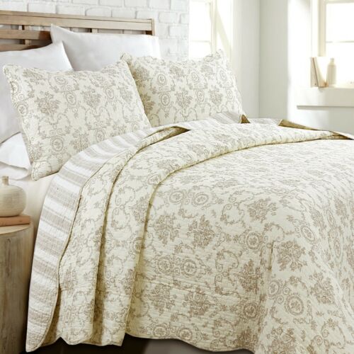 French Medallion Ivory 100% Cotton Quilt Set, Bedspread, Coverlet - Picture 1 of 6