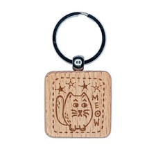 Mopey Cat Meow and Stars Engraved Wood Square Keychain Tag Charm