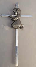 Christian CROSS Girl Praying Crucifix Baptism 6x3 Hanging Pewter And Stainless