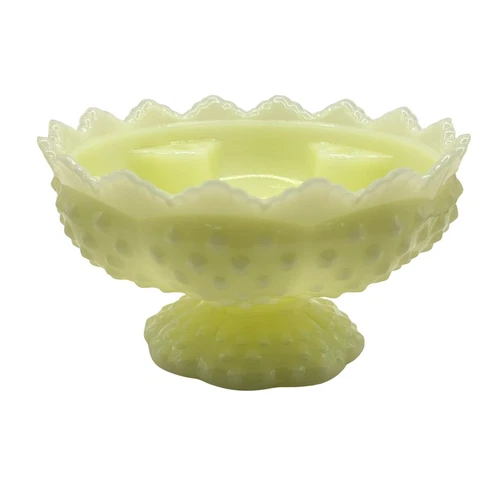 Fenton Vintage Uranium Satin Custard Yellow Glass Hobnail Pedestal Candle Bowl