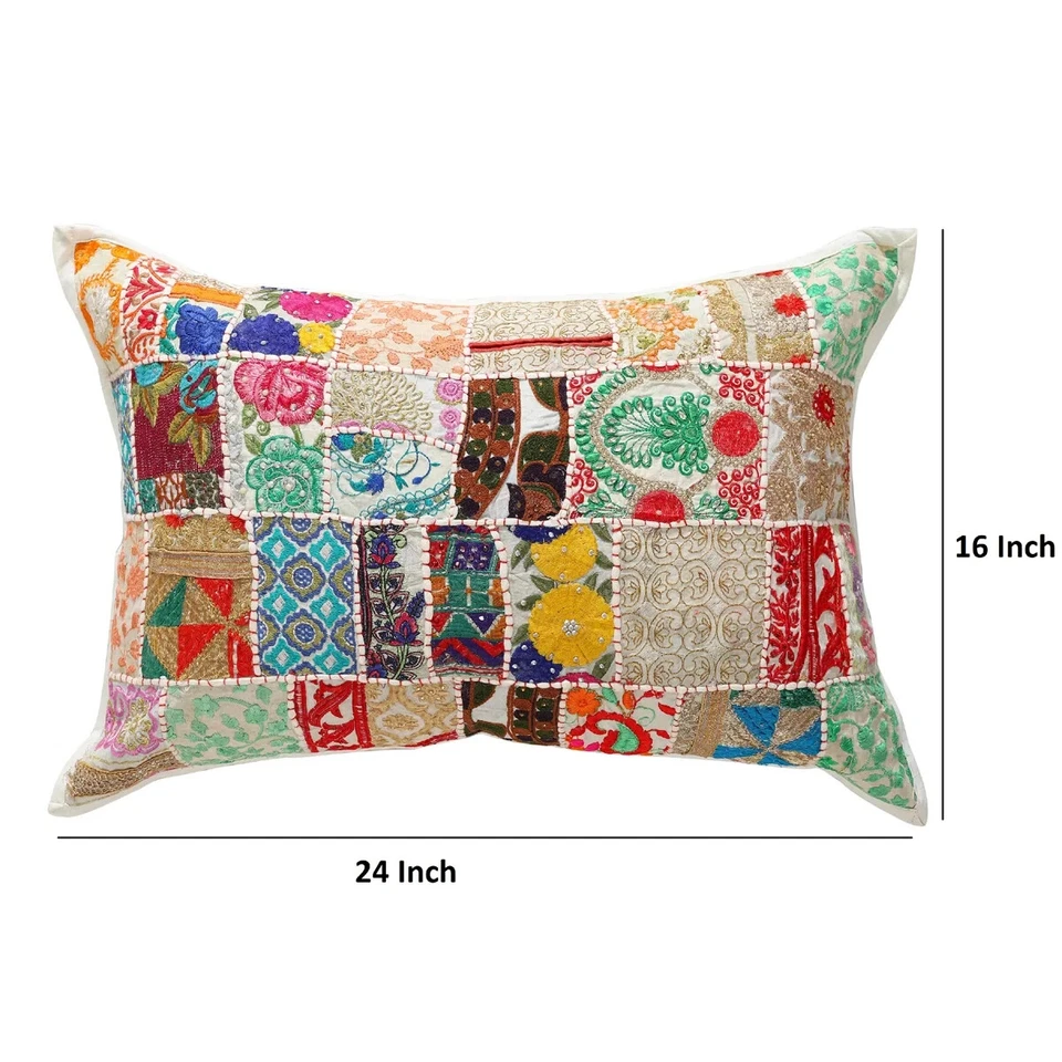 Indian Handmade Boho Patchwork Cushion Vintage White Throw Pillow Cover 40x60 cm - Image 3 of 3