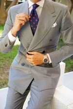 Gray Men Suit Double Breasted Peak Lapel Formal Prom Groom Tuxedo Wedding Suits