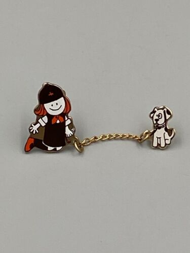 Vintage Red Hair Little Girl & Dog on Chain Collectible Dangle Lapel Pin Brooch - Picture 1 of 6
