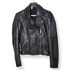 Topshop Rosemary Mack Real Leather Black Moto Biker Jacket Coat Size 4