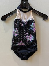 COSTUME GALLERY Black Leotard Pink Blue Flowers Lace Medium Child Dance