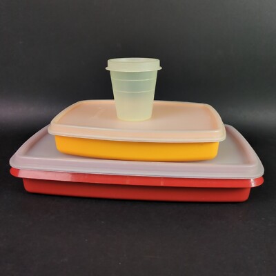 3 Tupperware Containers with Lids Cup 101-5 Divided Lunch Dish 813-5 Red Yellow