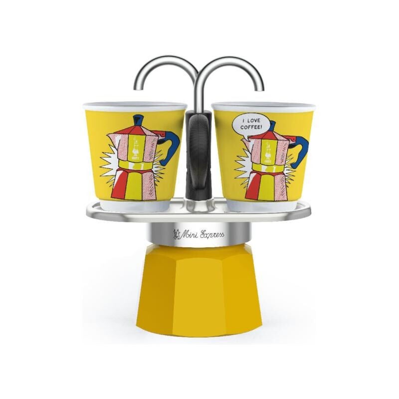 Bialetti mini express moka gialla + 2 tazze lichtenstein