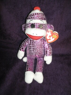 Ty Beanie ~ SOCK MONKEY ~ 9'' tall ~ PURPLE SPARKLE~ MWMT~ '14 ~ Retired ~ HTF