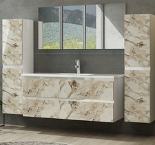 Badmöbel Set Weiss Marmor Mamor Optik / Weiss  Hochglanz  Badezimmermöbel  90 cm