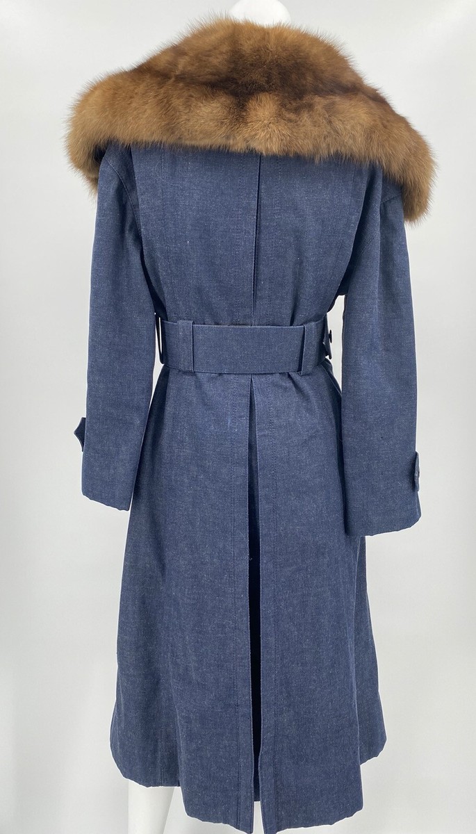 Vintage James Galanos Sable Fur Collar Blue Denim Trench Coat