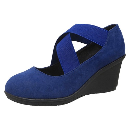 Womens Loafers Round Toe Wedge Heel Ladies Faux Suede Cross Strap Shoes Comfort - Picture 21 of 31