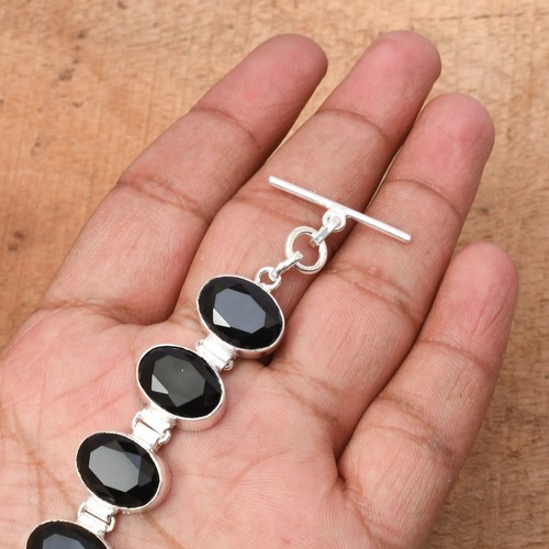 Bracciale Bracciale Gioielli Fatto a Mano Pietra Preziosa Onice Nero 925 - Foto 5 di 8