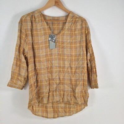NEW Katies womens blouse top size 8 yellow check 3/4 sleeve Vneck viscose 045142