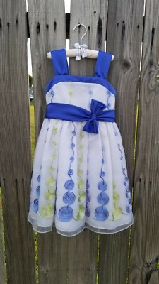 Rare, too! Girl's Dressy Holiday Fancy Swirls White Blue Bow Dress Size 6