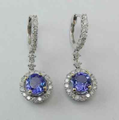 18K White Gold Over 2Ct Round Cut Blue Tanzanite and Diamond Halo Drop Earrings