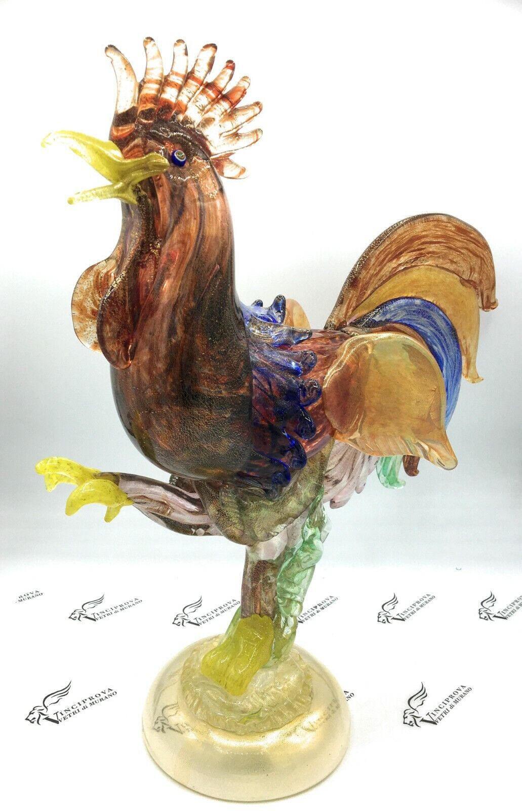 Gallo In Vetro Di Murano In Pasta Di Vetro Colorato Con Foglia Oro Zecchino - Foto 2 di 6
