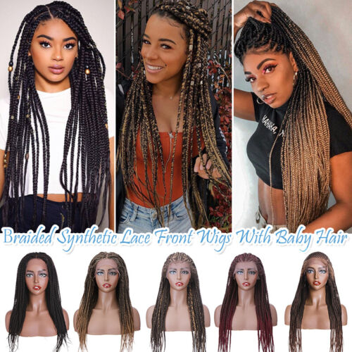 Natural Long Box Braids Lace Frontal Wig Black Brown Double Nice Braided Wigs - Picture 3 of 30