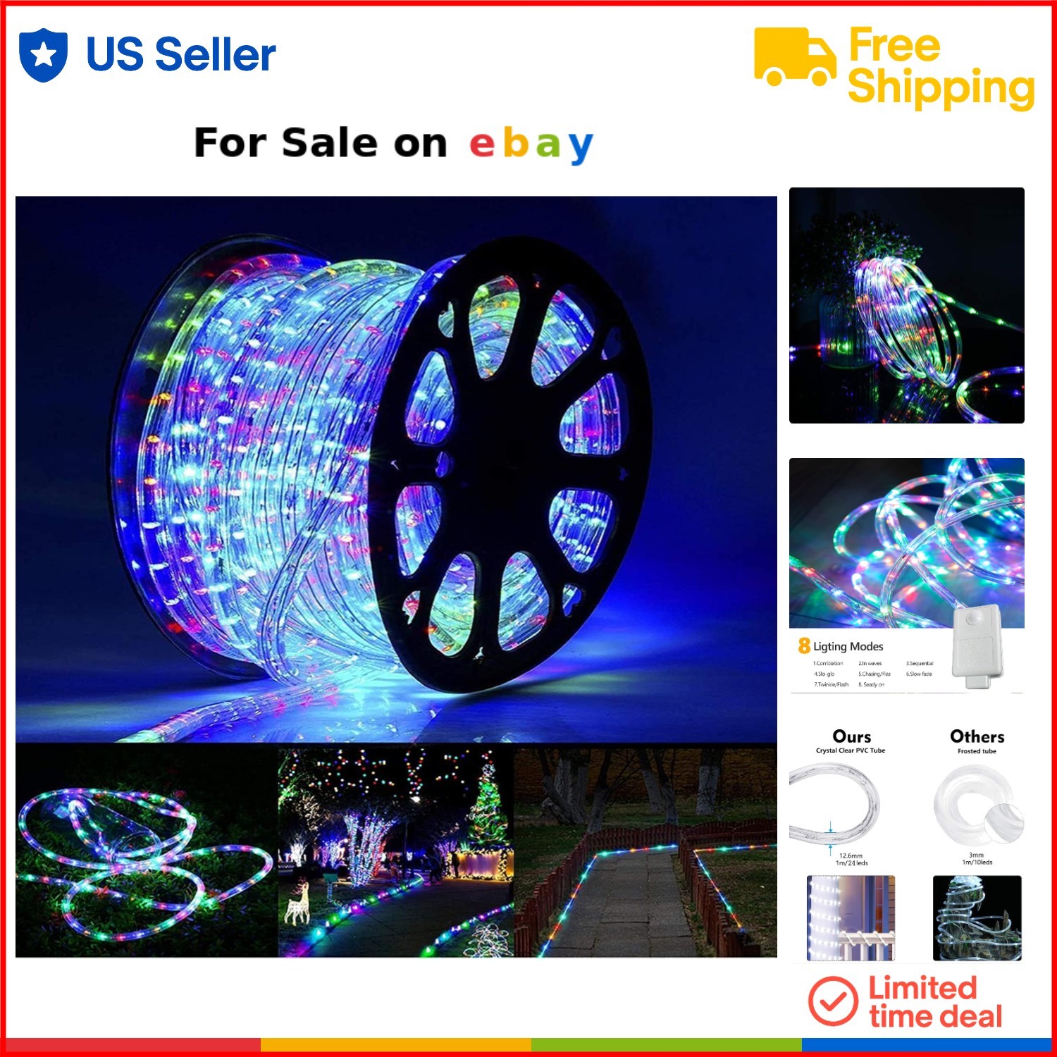 50ft Waterproof Outdoor LED Rope Lights Connectable Multicolor Flexible Decor