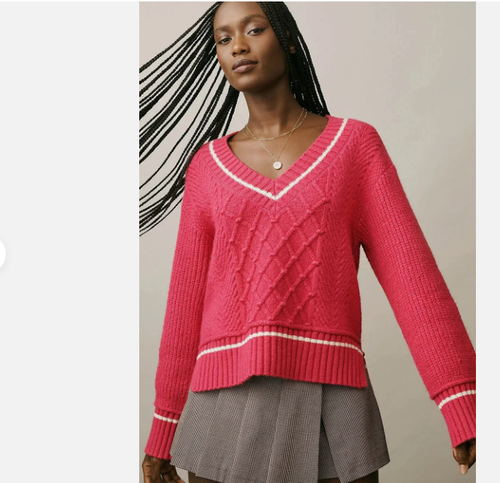 Anthropologie Maeve Tilly Sweater V-Neck Cable Knit Pink Size Medium NWT