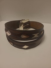 Vintage 3D Genuine Leather Southwestern Belt Brown Embroidered Size 36 6822