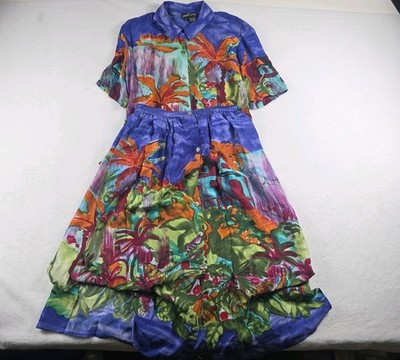 Carole Little Vintage Tropical Silk 2 Piece Shirt Maxi Skirt Size 12 Set