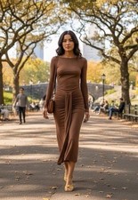 NEW $395 STAUD Gres Midi Dress Brown Ruched Long Sleeve Boat Neck, Sz 4 Small