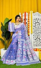 Handwoven Jamdani Saree with Floral Motifs Premium Handloom Ethnic Saree Blouse