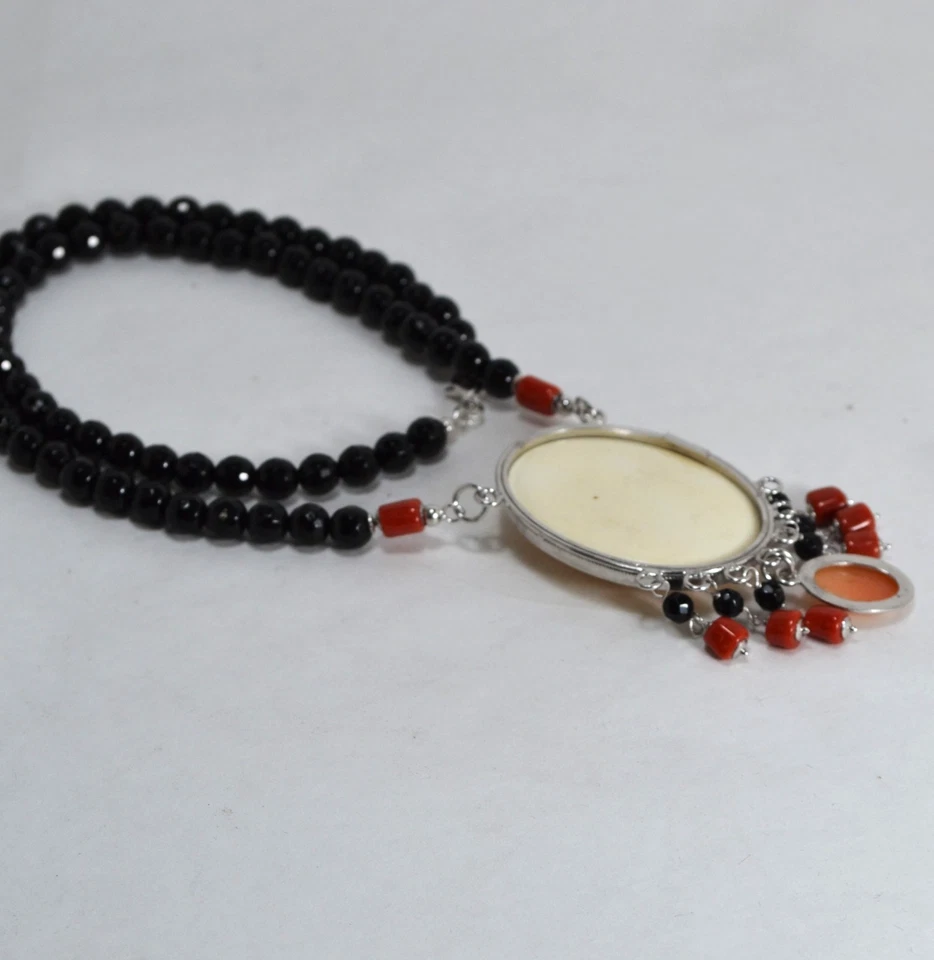 COLLANA ARGENTO 925 CAMMEI GATTO OSSO ONICE E CORALLO ROSSO CILINDRI AGLN 0292 - Immagine 3 di 4