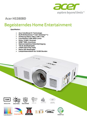 TOP High End Full-HD Beamer Acer H5380BD@ 3.000 AnsiLumen @ Flüsterleise @144Hz
