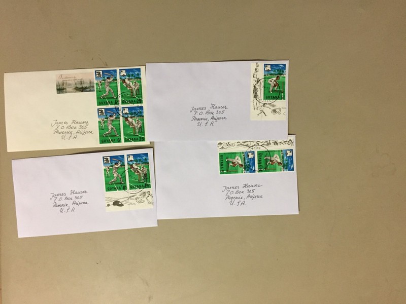Four Guyana covers ONLY with CRICKET stamps