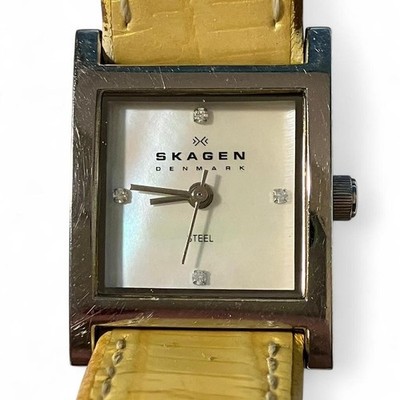 Skagen Denmark Square Stainless Steel Watch w/ Crystal & Leather Strap   AS IS