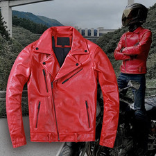 Real Genuine Red Leather Biker Jacket Men Mot...