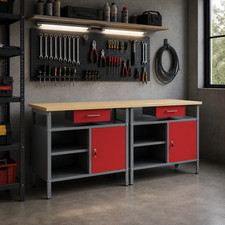 Werkbank mit Regal Set 200 cm Stahl Werkstatt Tisch Rot Schubladen Garage