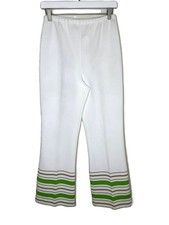 Vintage 70s Sears Women's White Polyester Bell Bottom Pants, Green Stripes