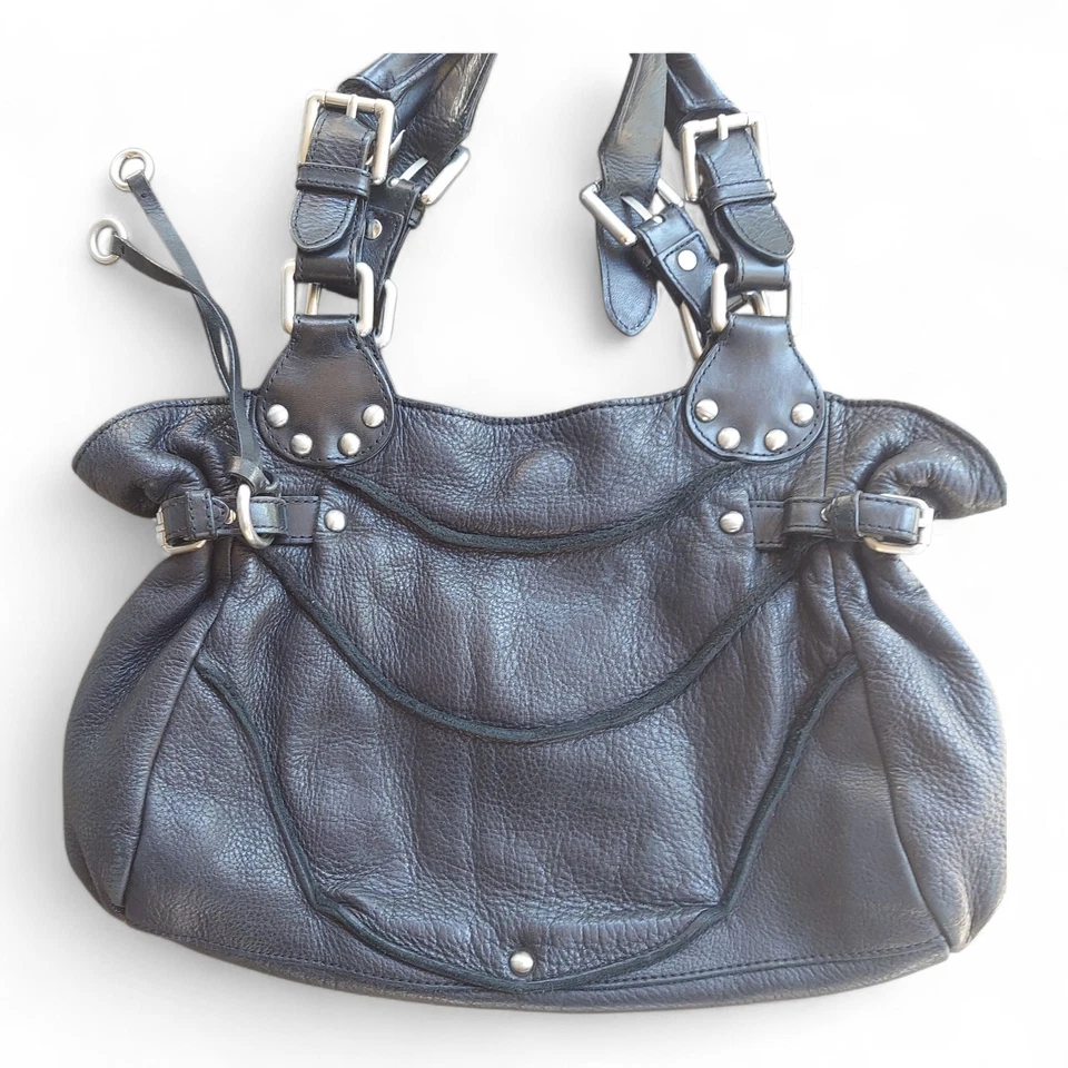 Kenneth Cole New York Black Leather Buckle Shoulder Bag Satchel Purse - Image 3 of 4