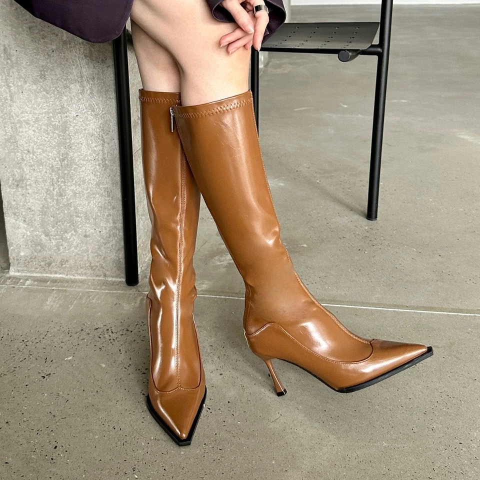 French Sexy Women's Knee High Boots Winter Pointed Toe Leather High-heels Shoes - Image 4 of 4