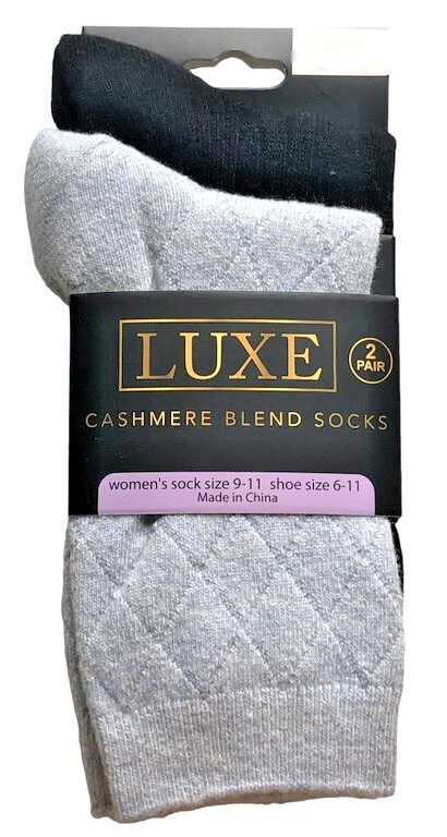 Luxe Cashmere Wool Blend Ladies Socks 2 Pair Diamond Pattern Blue Cable Black